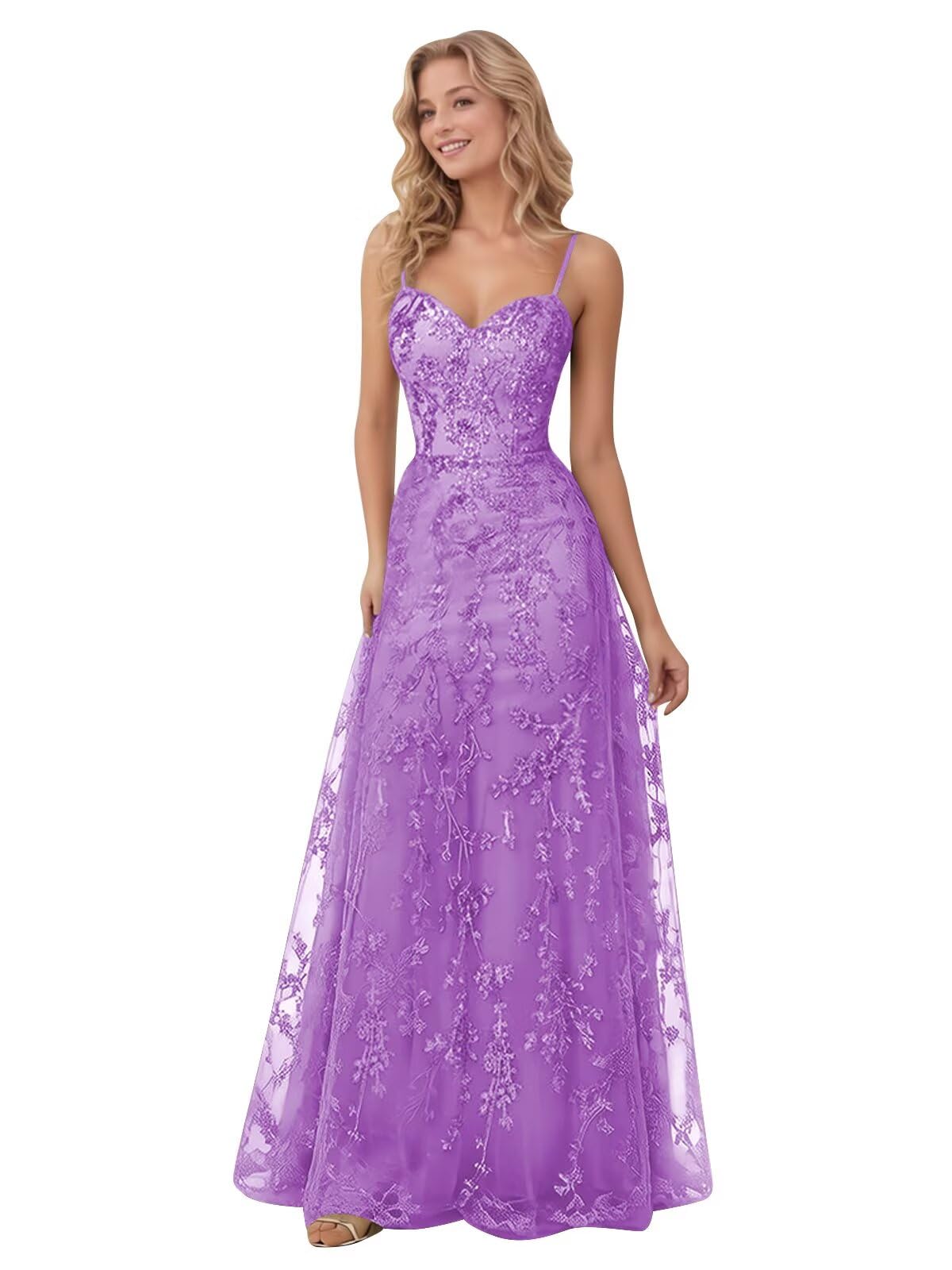 Spaghetti Strap Sparkly Prom Dress for Women Long Tulle Formal Dress Laces Evening Party Gown