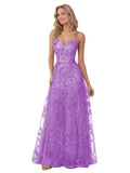 Spaghetti Strap Sparkly Prom Dress for Women Long Tulle Lace Formal Dress Laces Evening Party Gown