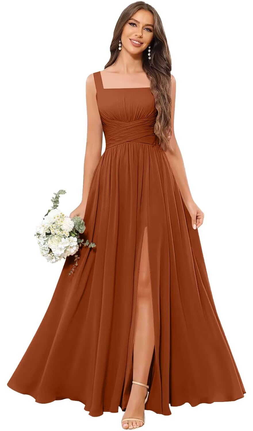 Kingbridal Chiffon A-line Bridesmaid Dresses for Women 2027 Long Square Neck Pleated Formal Evening Party Dress with Slit