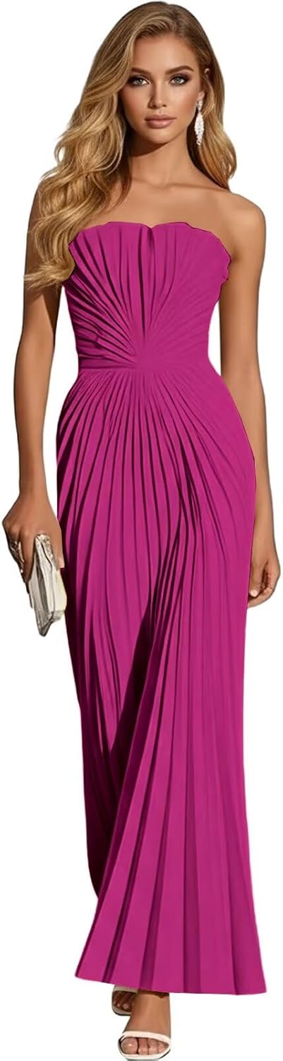 Women's Strapless Pleated Bridesmaid Dress Elegant Sweetheart Neck Formal Prom Gown for Wedding Guest