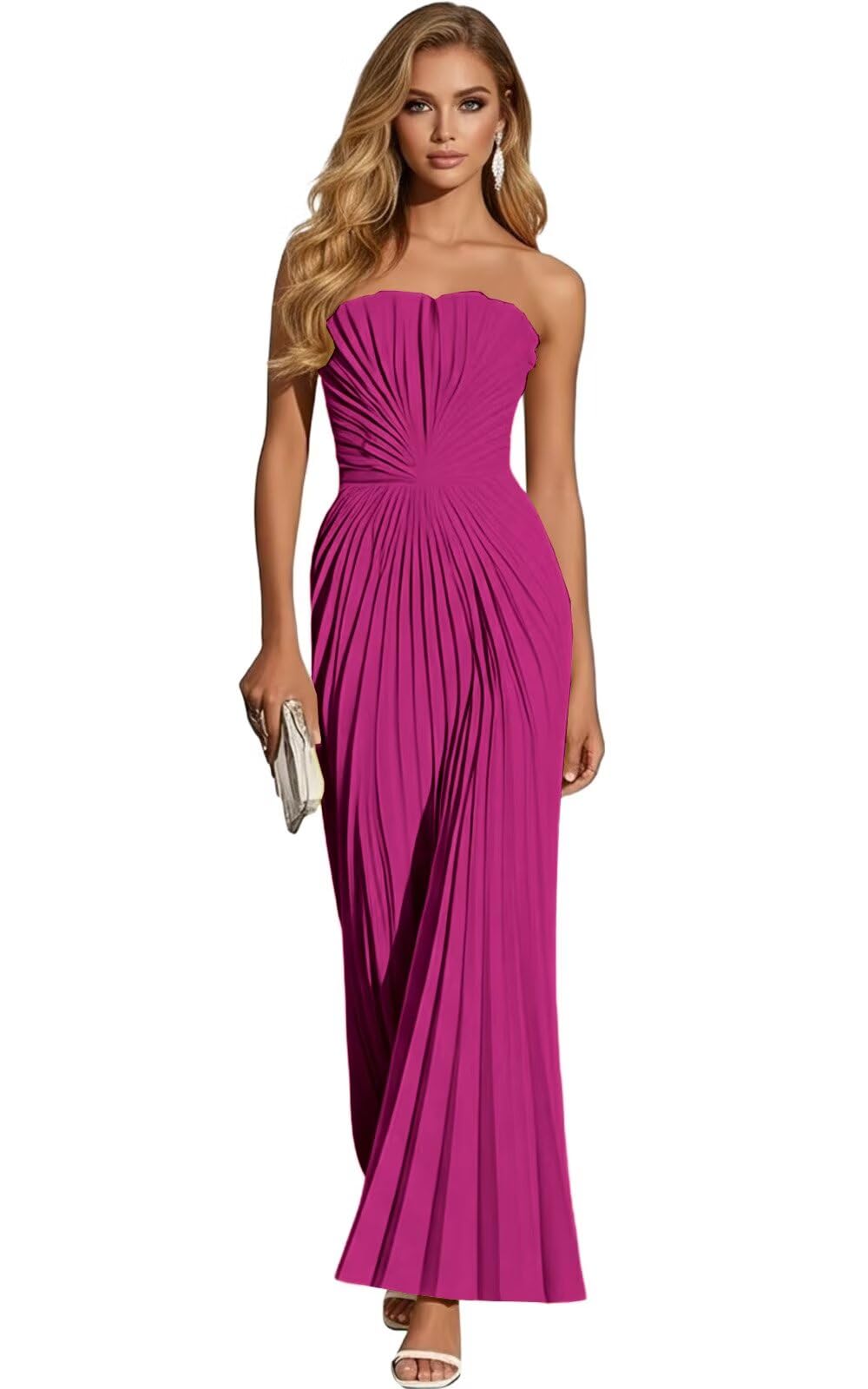 Women's Strapless Pleated Bridesmaid Dress Elegant Sweetheart Neck Formal Prom Gown for Wedding Guest