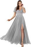 Damen Brautjungfernkleider mit Flatterärmeln, lang, mit Schlitz, V-Ausschnitt, Chiffon, formelle Kleider 