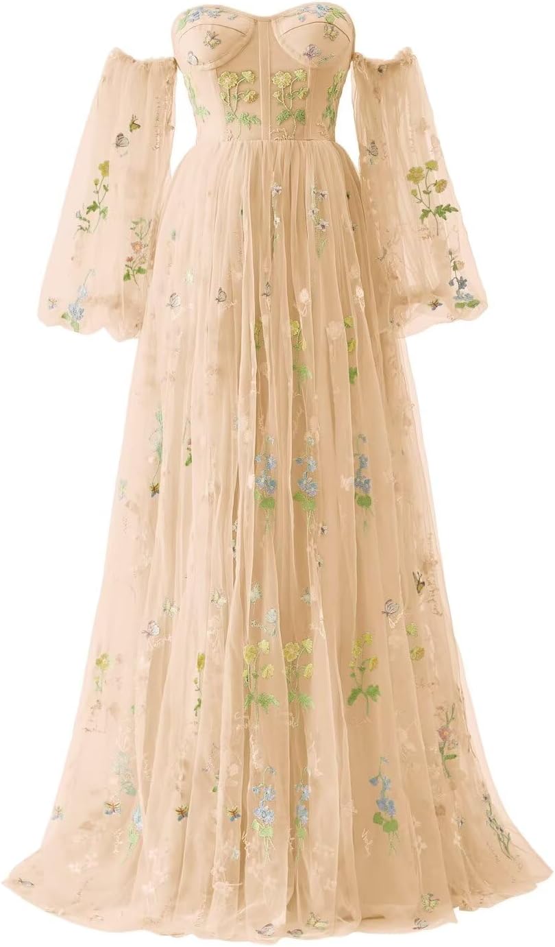 Vestidos de fiesta de tul con bordado de flores para mujer, 2024, largos, con hombros descubiertos, formales, para noche 