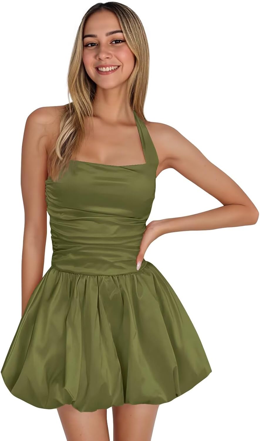 Satin Halter Homecoming Dresses for Teens Short Prom Dress 2027 Flower Bud Ruched Formal Cocktail Gown with Pockets