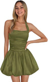 Satin Halter Homecoming Dresses for Teens Short Prom Dress 2027 Flower Bud Ruched Formal Cocktail Gown with Pockets