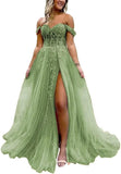 Off The Shoulder Tulle Prom Dress with Laces Applique A-line Slit Long Ball Gowns Glitter Formal Evening Dress