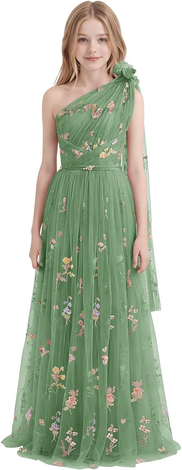 One Shoulder Long Tulle Junior Bridesmaid Dresses for Wedding Flower Girl Dress Formal Prom Gown