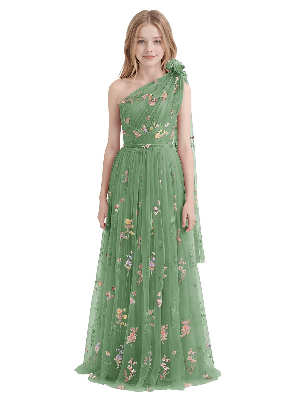 One Shoulder Long Tulle Junior Bridesmaid Dresses for Wedding Flower Girl Dress Formal Prom Gown