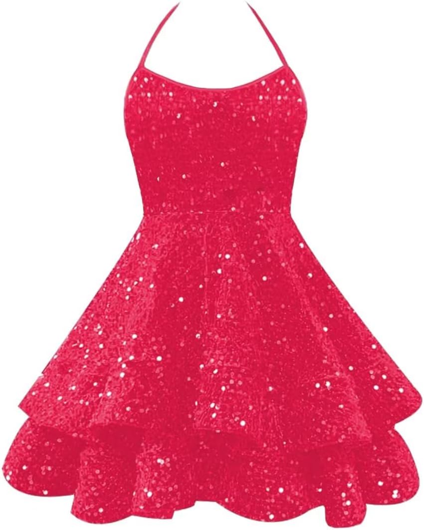 Sparkly Sequin Homecoming Dresses 2026 Spaghetti Straps Tiered Prom Dresses for Teens Short Cocktail Party Gowns