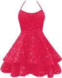 Sparkly Sequin Homecoming Dresses 2026 Spaghetti Straps Tiered Prom Dresses for Teens Short Cocktail Party Gowns