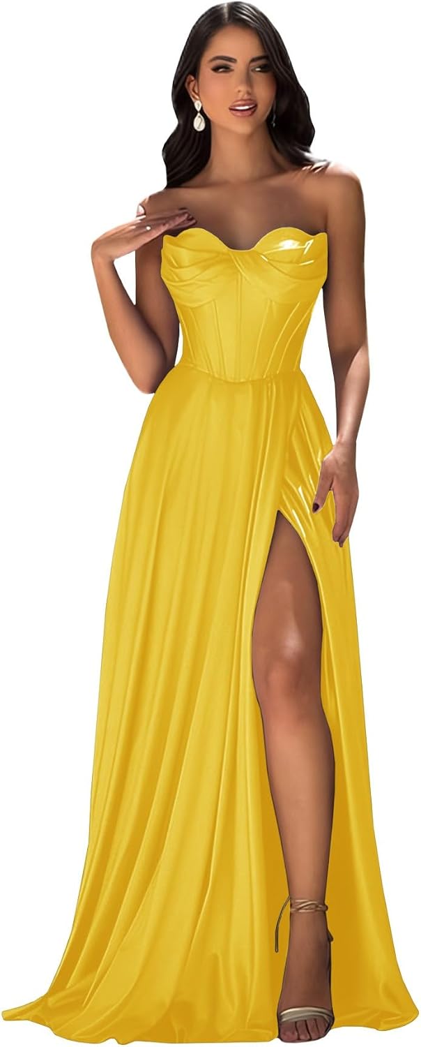 Strapless Prom Dress with Slit Satin A Line Long Ball Gowns for Women Sweetheart Corset Formal Dress with Pockets
