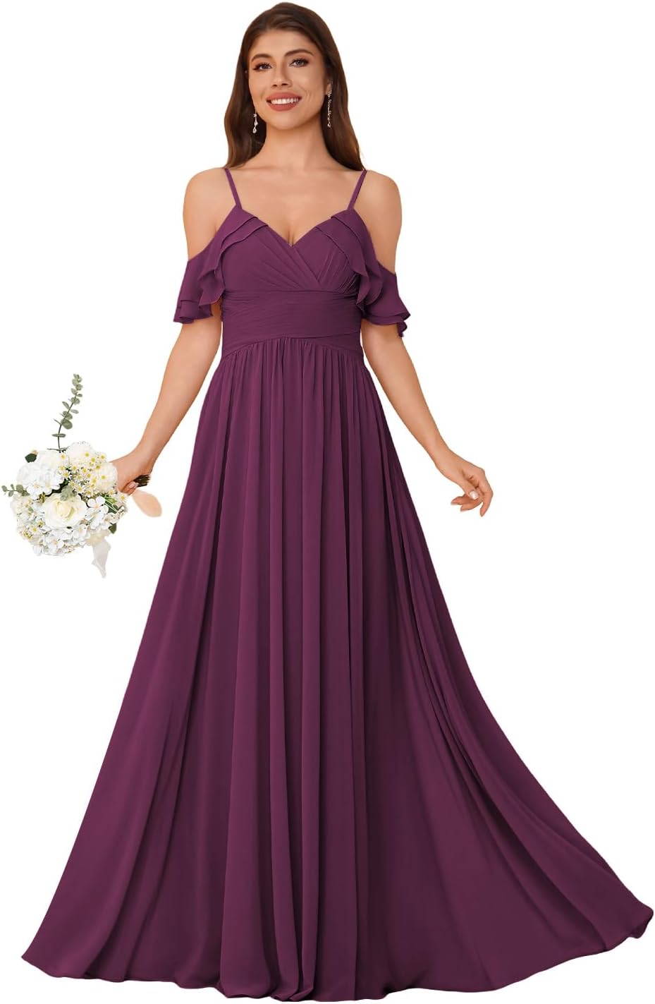 Women's Long Chiffon Bridesmaid Dresses Ruffle V Neck Formal Evening Prom Gown Spaghetti Strap Maxi Wedding Guest Dress