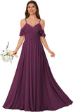 Women's Long Chiffon Bridesmaid Dresses Ruffle V Neck Formal Evening Prom Gown Spaghetti Strap Maxi Wedding Guest Dress