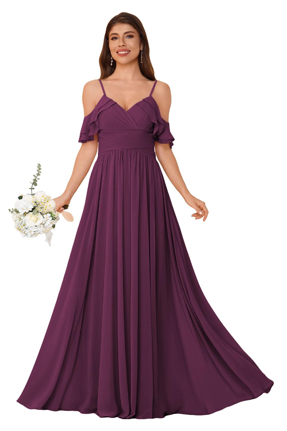 Women's Long Chiffon Bridesmaid Dresses Ruffle V Neck Formal Evening Prom Gown Spaghetti Strap Maxi Wedding Guest Dress