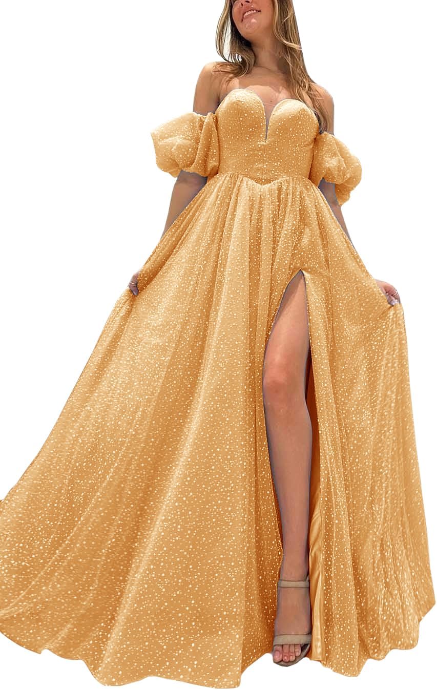 Tulle Prom Dresses for Women 2027 Sparkly Puffy Sleeves Long Ball Gowns with Slit A-Line Evening Dresses