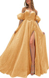 Tulle Prom Dresses for Women 2027 Sparkly Puffy Sleeves Long Ball Gowns with Slit A-Line Evening Dresses