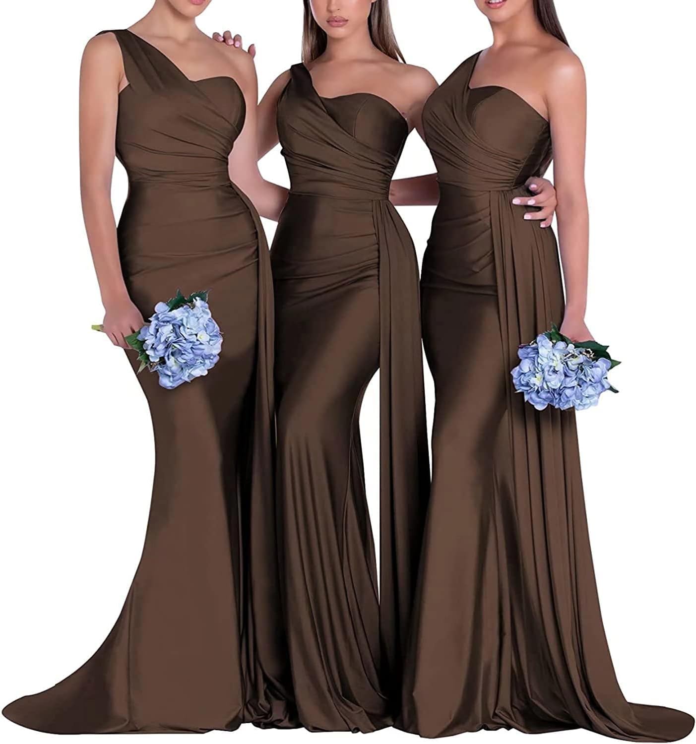 Women's One Shoulder Mermaid Bridesmaid Dresses Long Ruched Bodycon Satin Formal Prom Gowns