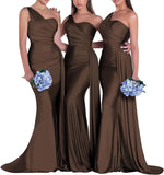 Women's One Shoulder Mermaid Bridesmaid Dresses Long Ruched Bodycon Satin Formal Prom Gowns