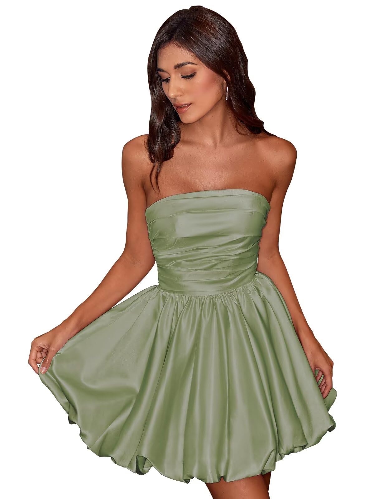 Short Satin A-Line Ruched Homecoming Dresses for Teens Strapless Ruched Mini Formal Cocktail Party Dress