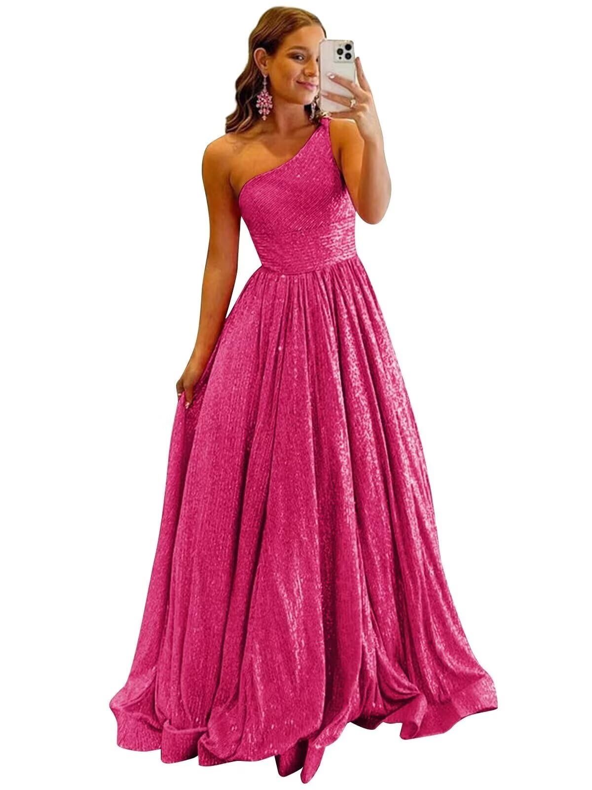 One Shoulder Sequin Prom Dresses for Women 2027 Sparkly Long A-Line Formal Evening Party Ball Gowns with Pockets