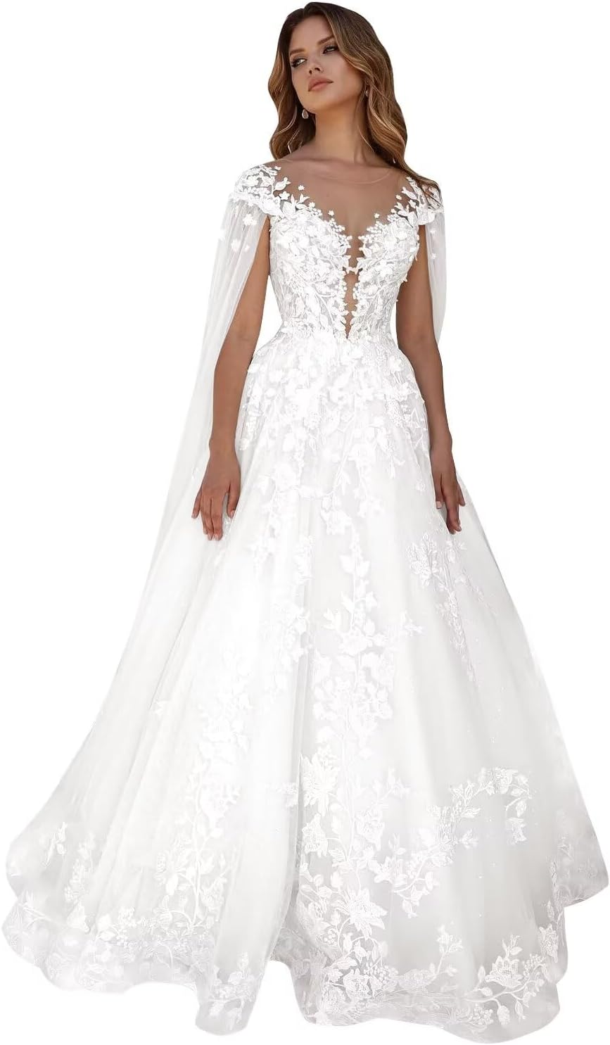 Kingbridal Gowns Lace Appliques Wedding Dresses for Bride Long V Neck Tulle Chiffon A-line Sleeveless Bridal Ball Gown for Women