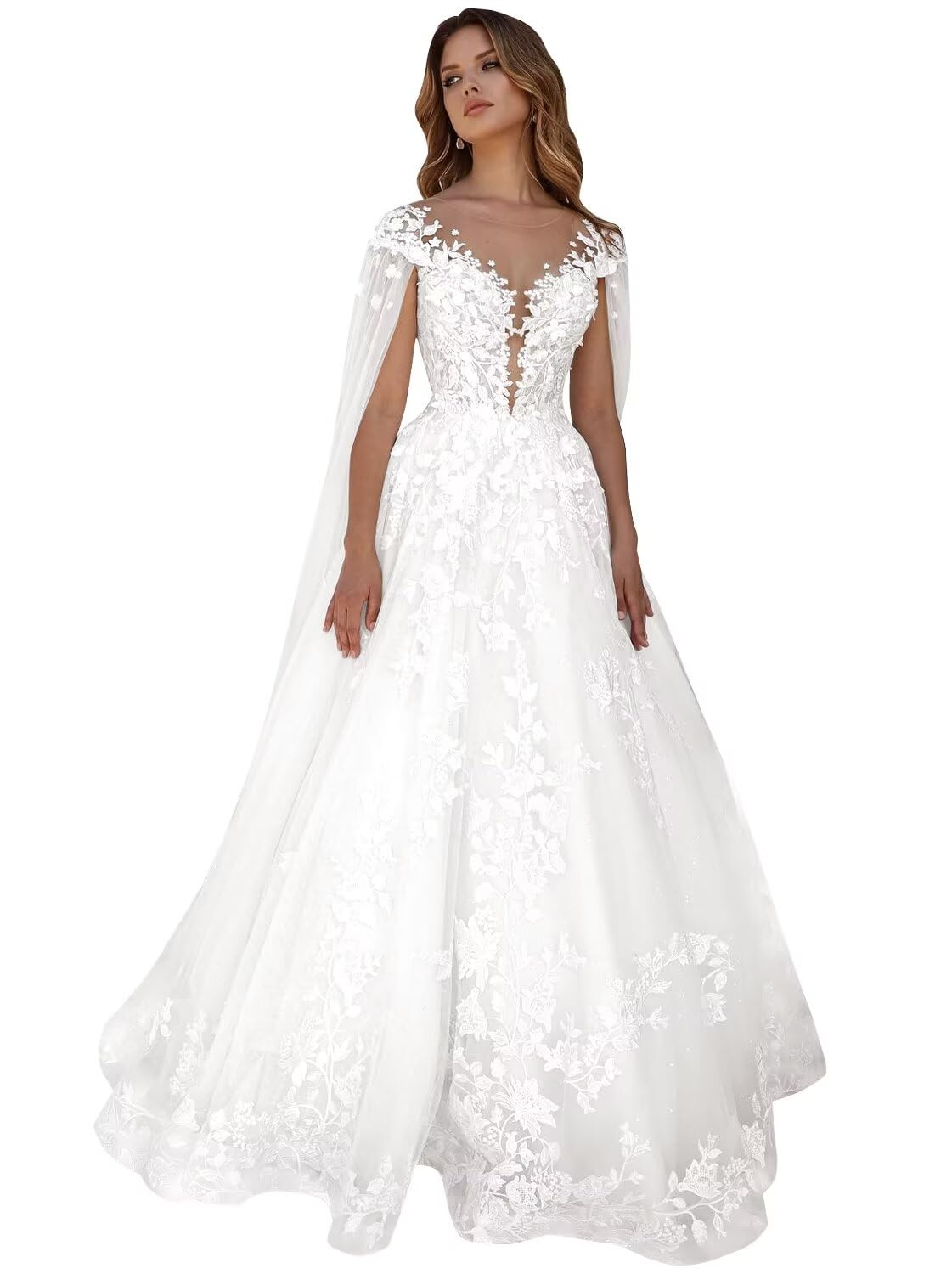Kingbridal Gowns Lace Appliques Wedding Dresses for Bride Long V Neck Tulle Chiffon A-line Sleeveless Bridal Ball Gown for Women