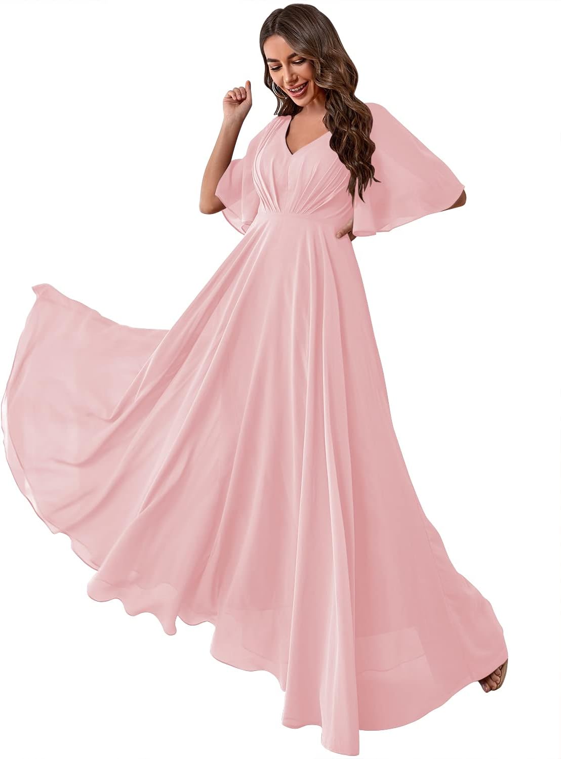 Women's Batwing Sleeve Chiffon Bridesmaid Dresses with Pockets V Neck Long Formal Evening Dress