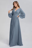 Womens V-Neck Long Sleeve Bridesmaid Dresses with Slit 2024 Ruched A-line Chiffon Prom Formal Dresses