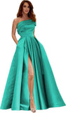 Women's One Shoulder Prom Dresses Long Satin Side Slit Formal Evening Gowns with Pockets