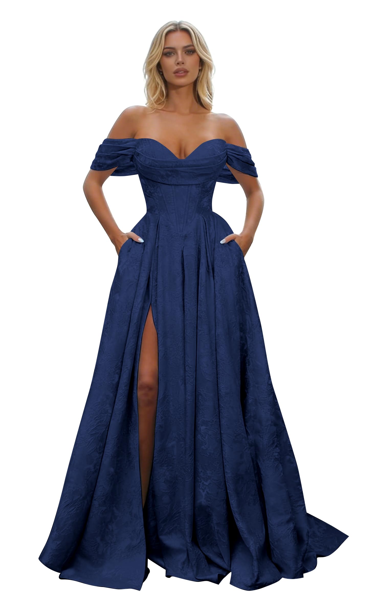 Off Shoulder Long Prom Dress 2026 Floral Satin A-Line Corset Ball Formal Evening Gown with Slit