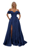 Off Shoulder Long Prom Dress 2026 Floral Satin A-Line Corset Ball Formal Evening Gown with Slit