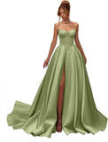 Kingbridal Gowns Strapless Prom Dresses for Women 2026 Long Satin A-line Formal Dress with Slit Beaded Corset Evening Party Gowns