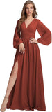 Womens V-Neck Long Sleeve Bridesmaid Dresses with Slit 2024 Ruched A-line Chiffon Prom Formal Dresses