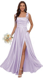 Satin Bridesmaid Dresses with Slit Spaghetti Straps Square Neck Long Formal Dress