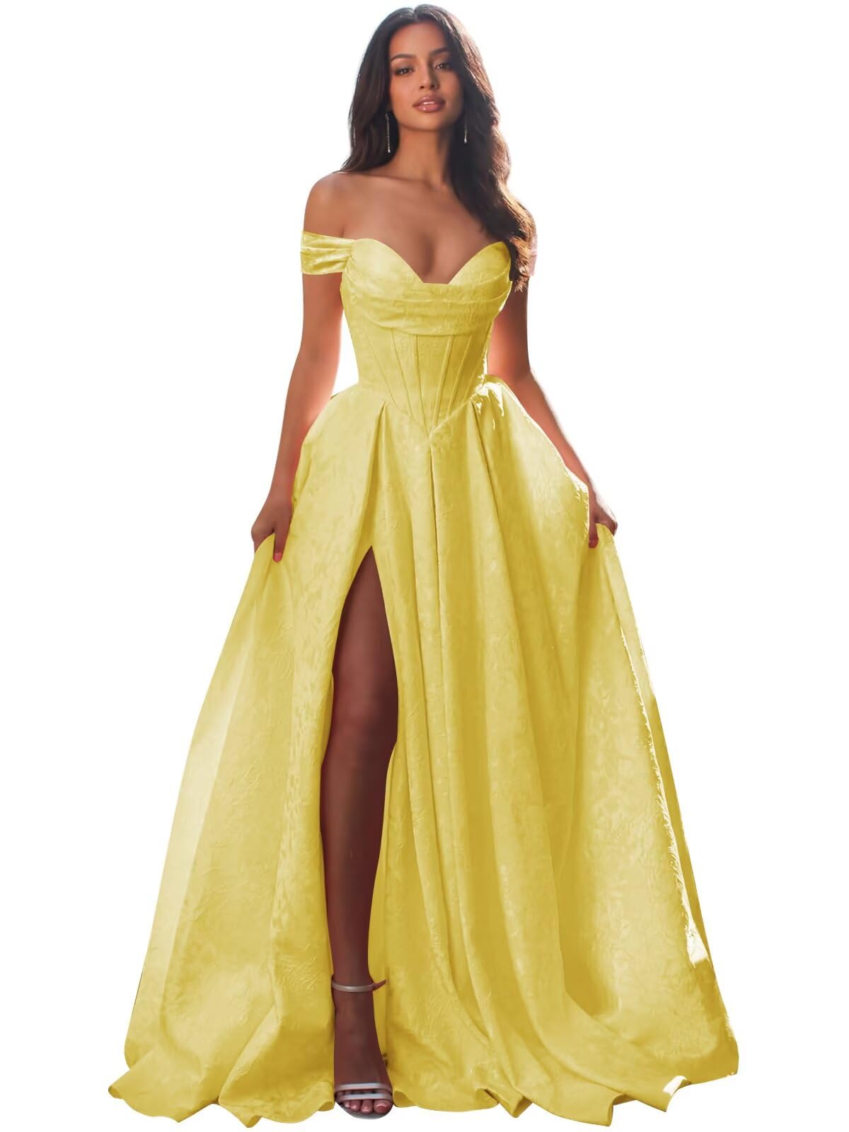 Jacquard Satin Prom Dresses Off the Shoulder Corset A Line Long Formal Gown Sweetheart Neck Party Dress with Slit