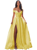 Jacquard Satin Prom Dresses Off the Shoulder Corset A Line Long Formal Gown Sweetheart Neck Party Dress with Slit