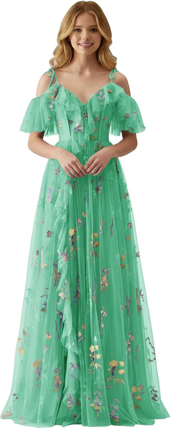 Fairy Tulle Junior Bridesmaid Dresses for Teen Girls Long Flower Embroidery Formal Prom Flower Girl Dress Gown with Slit