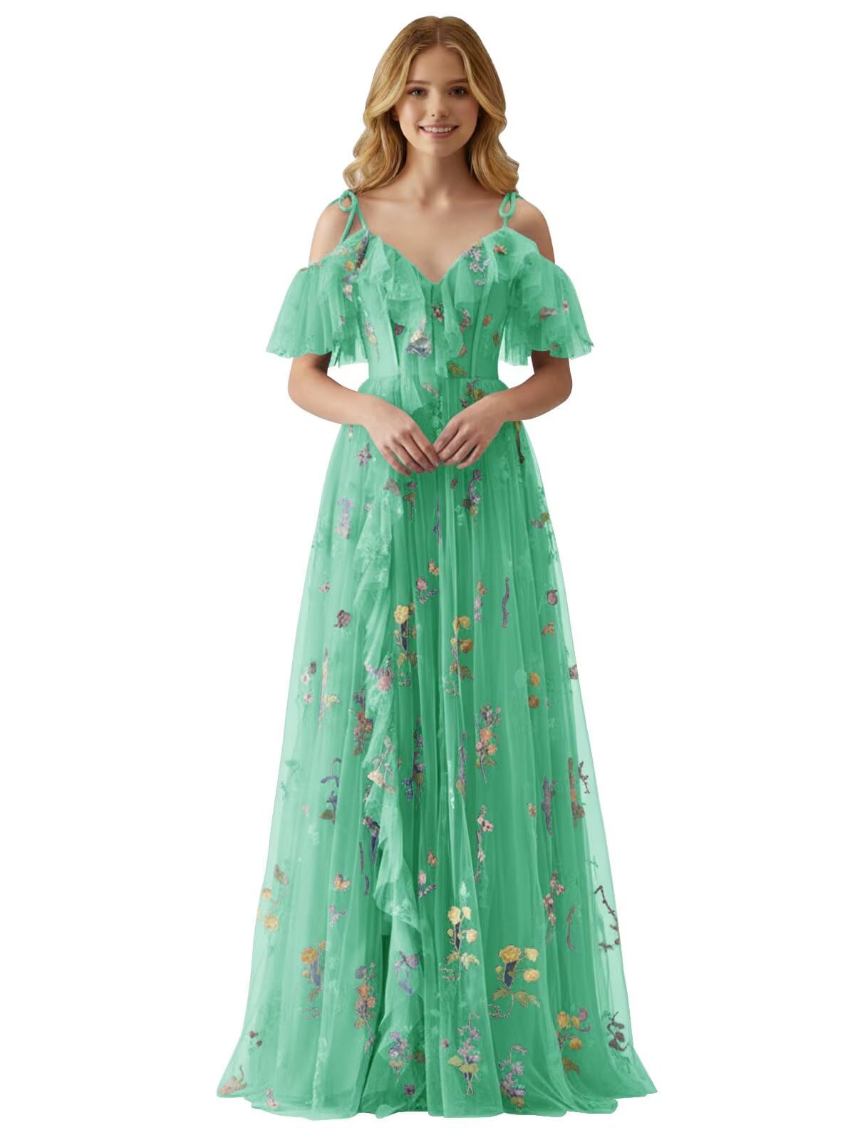 Fairy Tulle Junior Bridesmaid Dresses for Teen Girls Long Flower Embroidery Formal Prom Gown with Slit