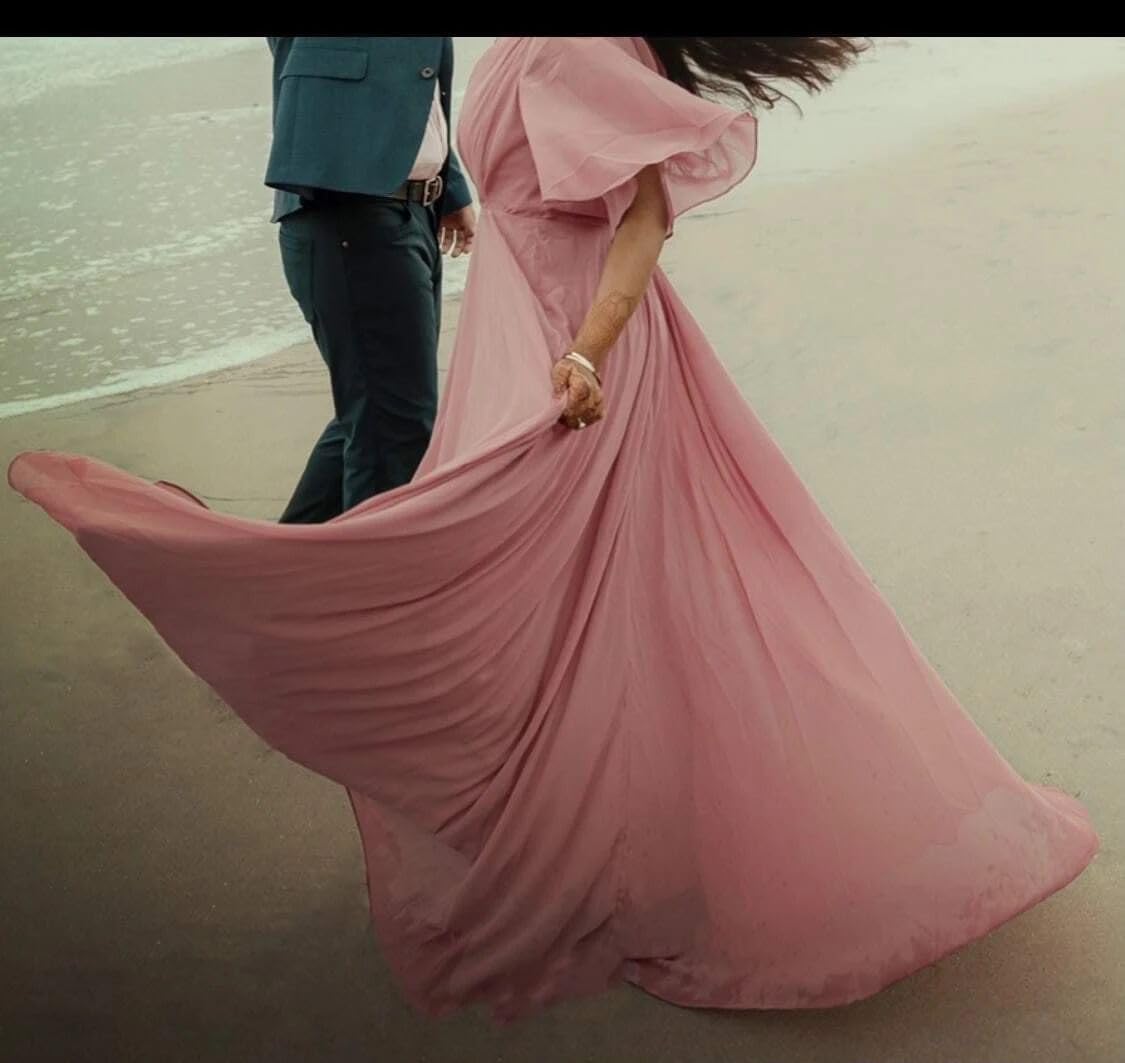 Women's Batwing Sleeve Chiffon Bridesmaid Dresses with Pockets V Neck Long Formal Evening Dress