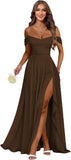 Women's Long Chiffon Bridesmaid Dresses with Slit Off Shoulder A-Line Formal Prom Evening Gown Maxi Wedding Guest Dress
