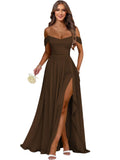 Women's Long Chiffon Bridesmaid Dresses with Slit Off Shoulder A-Line Formal Prom Evening Gown Maxi Wedding Guest Dress