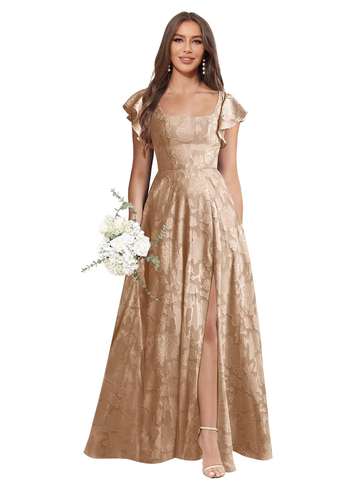 Floral Bridesmaid Dresses for Women Long A-Line Square Neck Lace Formal Evening Gown with Sleeves Slit