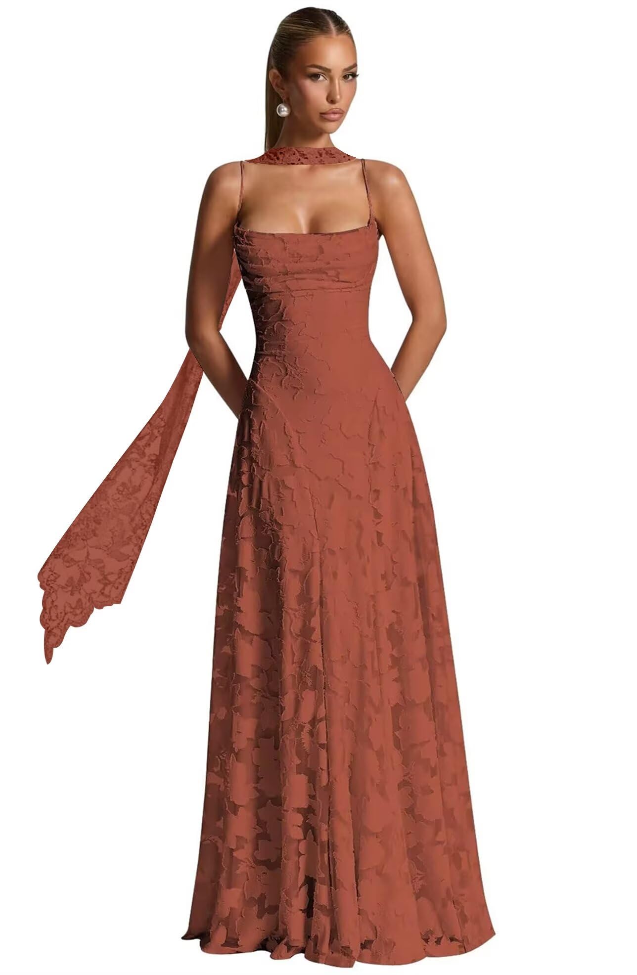 Floral Lace Bridesmaid Dresses for Women Long Spaghetti Straps Formal Evening Gowns with Scarf