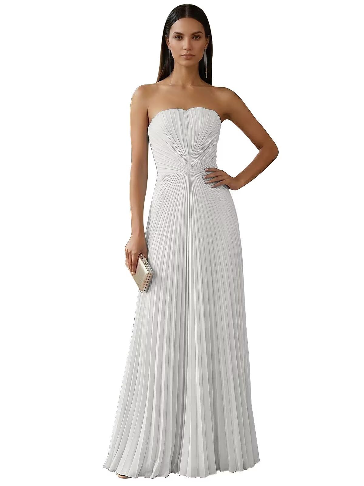 Strapless Prom Dresses for Women Long A Line Cocktail Dress Pleated Chiffon Formal Wedding Guest Dress