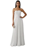Ruched Strapless Prom Dresses for Women Long A Line Cocktail Dress Pleated Chiffon Formal Wedding Guest Dress