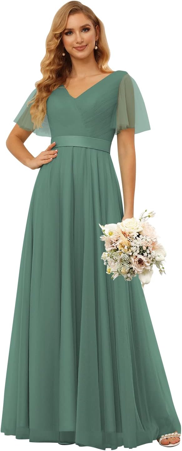 Damen Brautjungfernkleider mit Flatterärmeln, Tüll, lang, V-Ausschnitt, Empire-Taille, formelles Kleid 