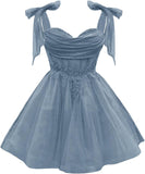 Tulle Short Homecoming Dress for Teens Sparkly Lace DAMA Dresses for Quinceanera Spaghetti Straps Bow Prom Gown