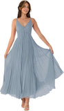 V-Neck Pleated Bridesmaid Dresses for Women Chiffon Spaghetti Straps Pleates Long Formal Wedding Guest Dress