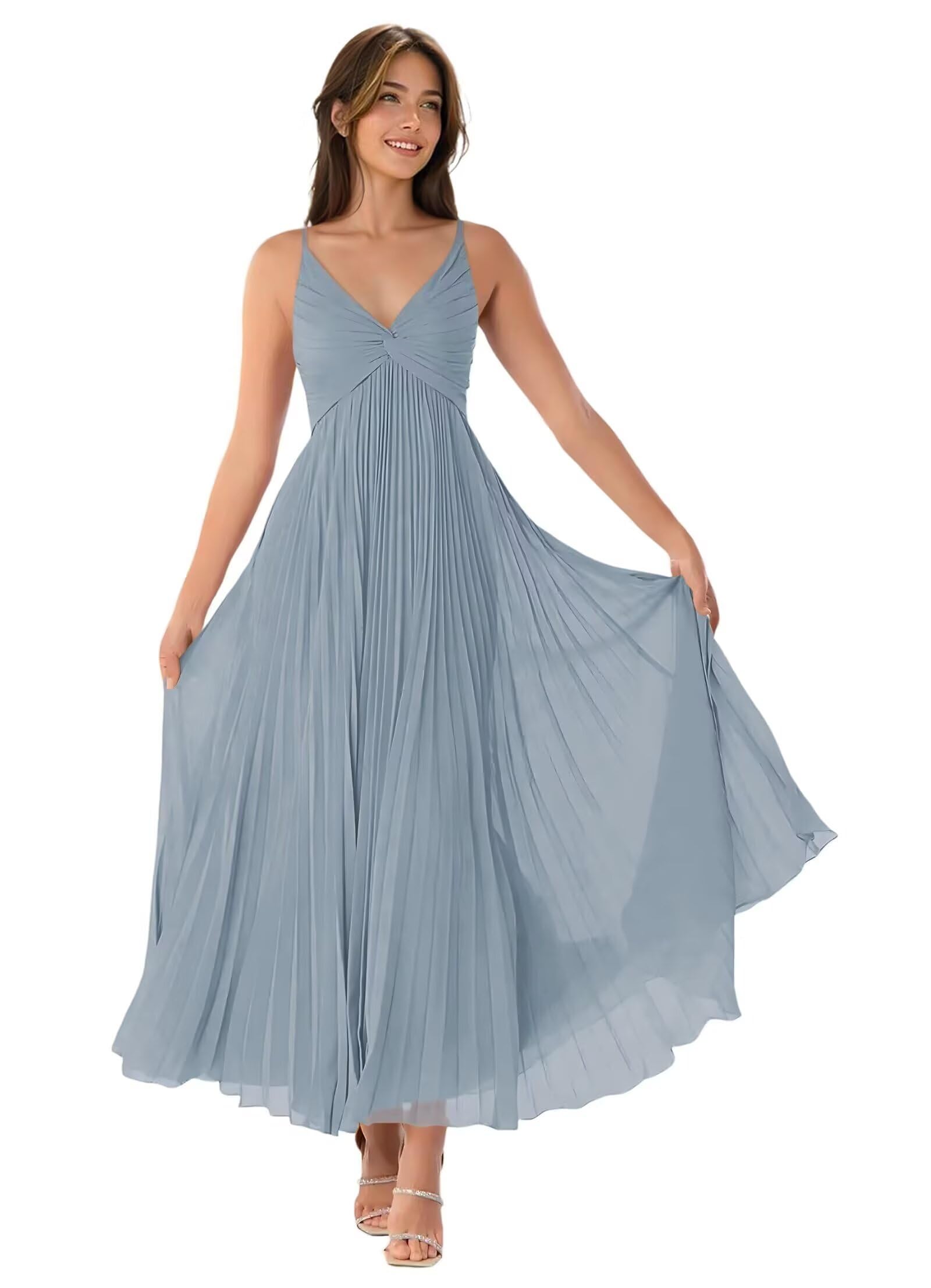 V-Neck Pleated Bridesmaid Dresses for Women Chiffon Spaghetti Straps Pleates Long Formal Wedding Guest Dress