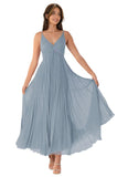 V-Neck Pleated Bridesmaid Dresses for Women Chiffon Spaghetti Straps Pleates Long Formal Wedding Guest Dress